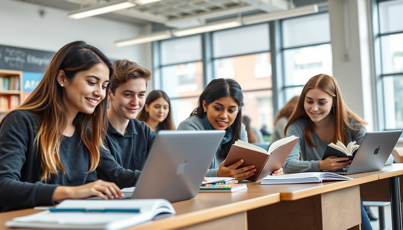 Students studying together in modern classroom